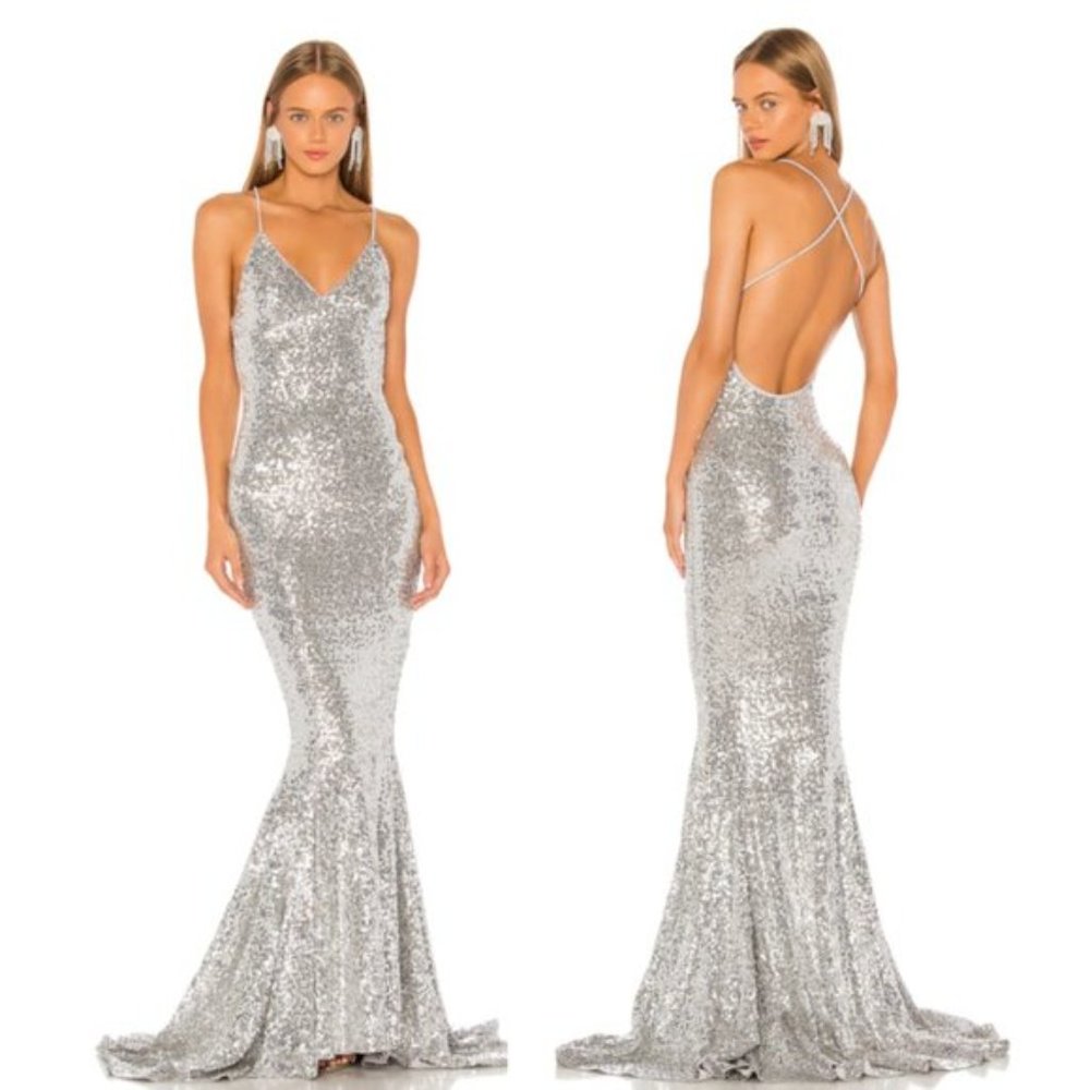 Norma Kamali Silver Sequin Mermaid Fishtail Maxi Dress Gown - Size L